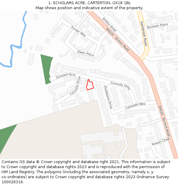 1, SCHOLARS ACRE, CARTERTON, OX18 1BL: Location map and indicative extent of plot