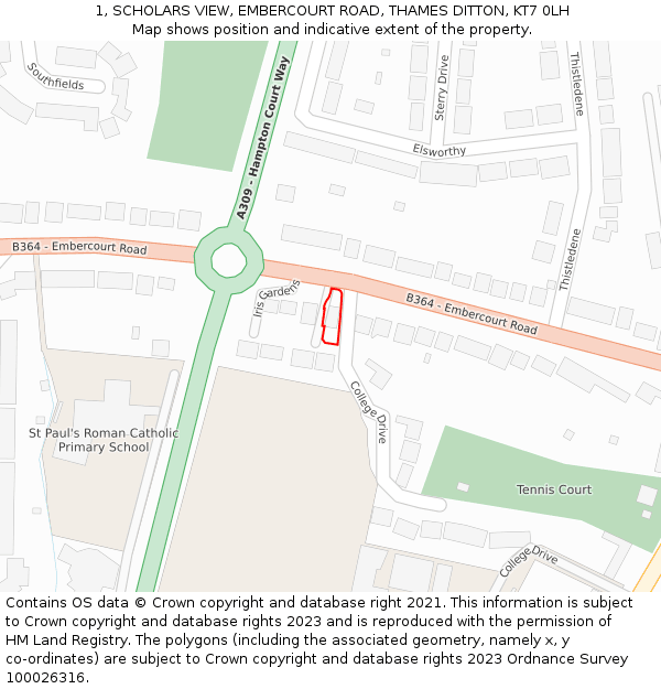 1, SCHOLARS VIEW, EMBERCOURT ROAD, THAMES DITTON, KT7 0LH: Location map and indicative extent of plot