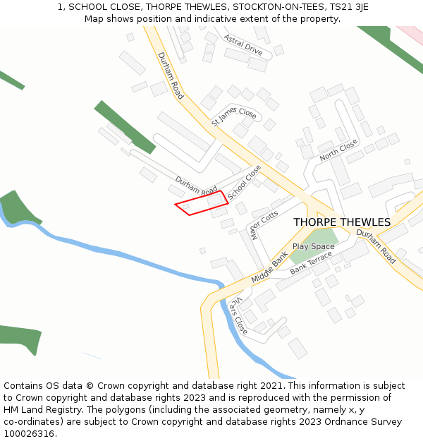 1, SCHOOL CLOSE, THORPE THEWLES, STOCKTON-ON-TEES, TS21 3JE: Location map and indicative extent of plot