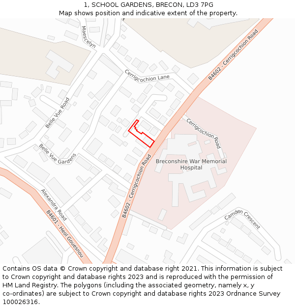 1, SCHOOL GARDENS, BRECON, LD3 7PG: Location map and indicative extent of plot