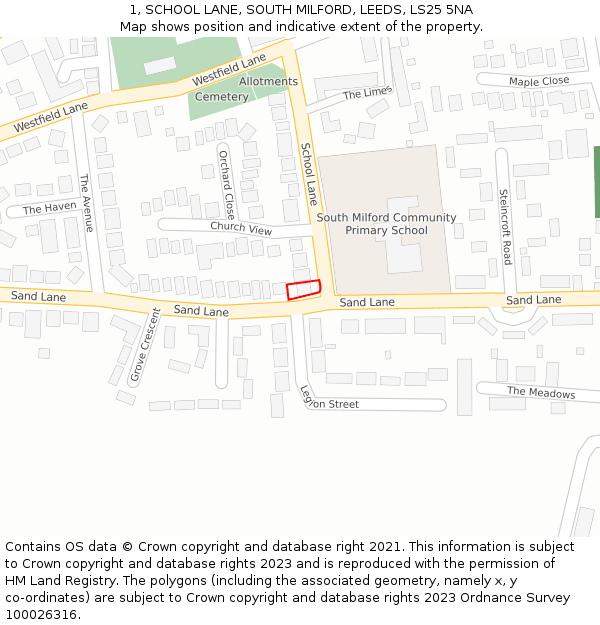 1, SCHOOL LANE, SOUTH MILFORD, LEEDS, LS25 5NA: Location map and indicative extent of plot