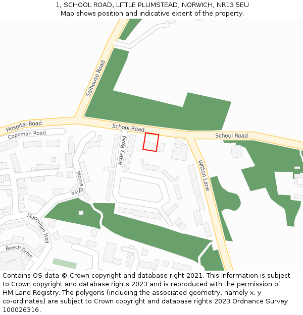 1, SCHOOL ROAD, LITTLE PLUMSTEAD, NORWICH, NR13 5EU: Location map and indicative extent of plot
