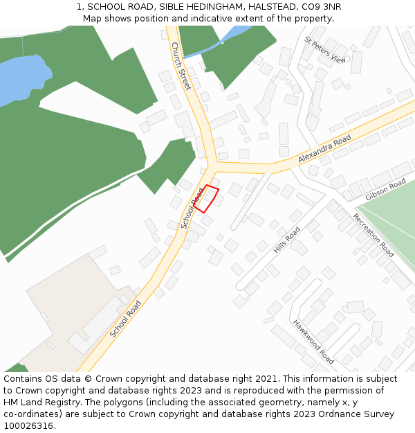 1, SCHOOL ROAD, SIBLE HEDINGHAM, HALSTEAD, CO9 3NR: Location map and indicative extent of plot