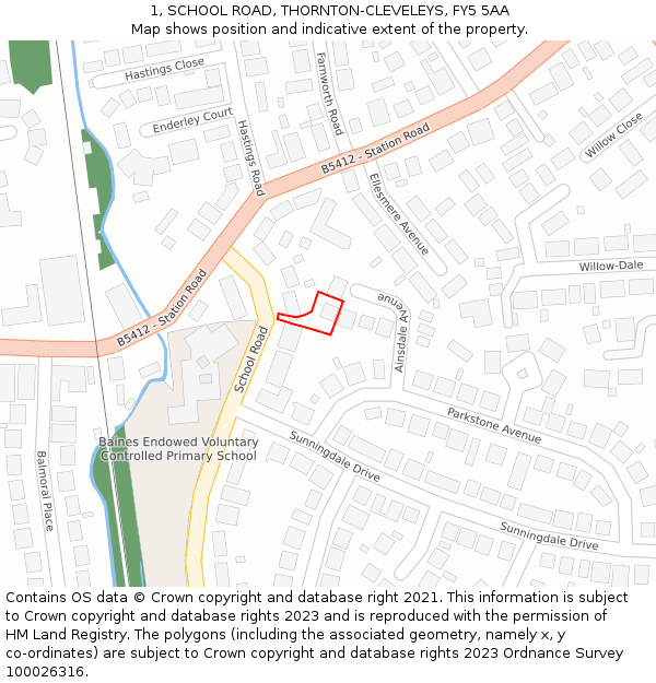 1, SCHOOL ROAD, THORNTON-CLEVELEYS, FY5 5AA: Location map and indicative extent of plot