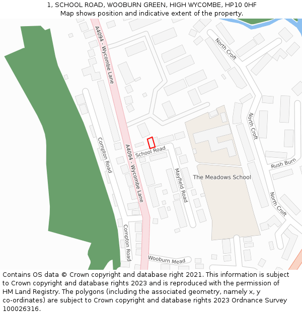 1, SCHOOL ROAD, WOOBURN GREEN, HIGH WYCOMBE, HP10 0HF: Location map and indicative extent of plot