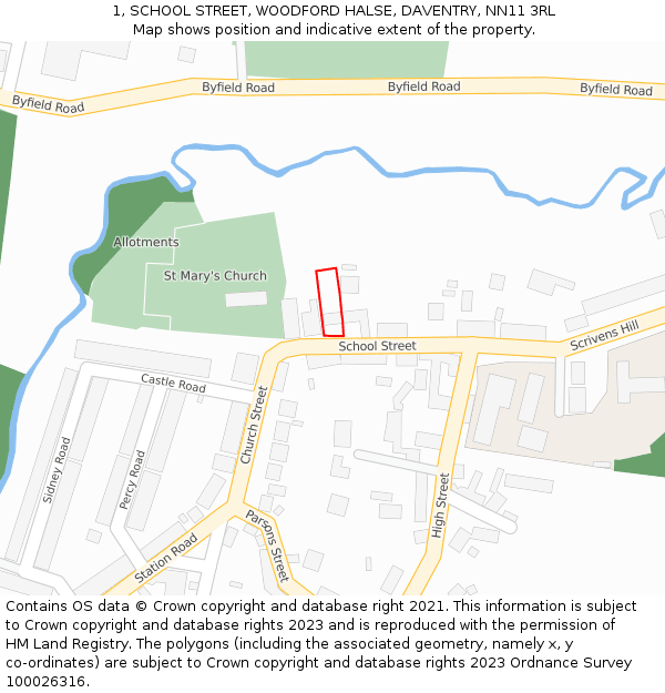 1, SCHOOL STREET, WOODFORD HALSE, DAVENTRY, NN11 3RL: Location map and indicative extent of plot