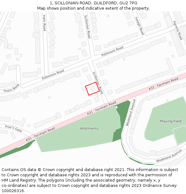 1, SCILLONIAN ROAD, GUILDFORD, GU2 7PG: Location map and indicative extent of plot