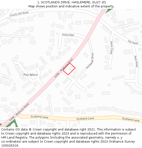 1, SCOTLANDS DRIVE, HASLEMERE, GU27 2FJ: Location map and indicative extent of plot