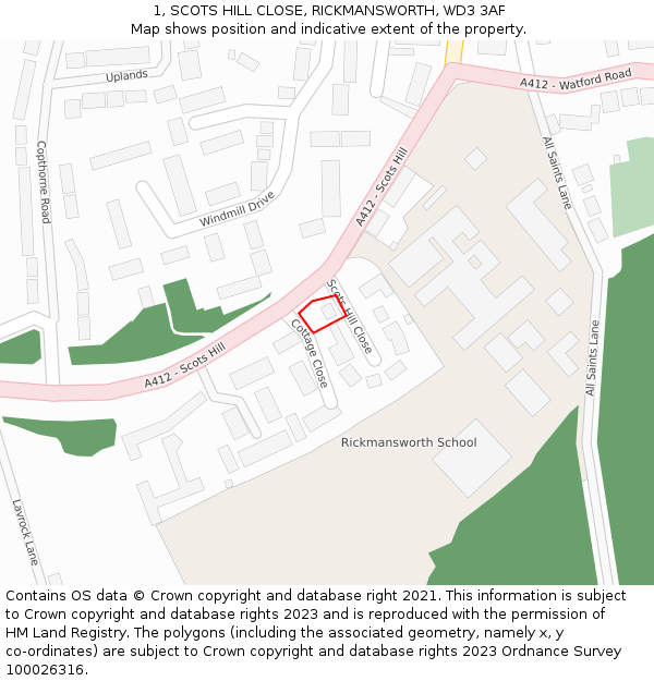 1, SCOTS HILL CLOSE, RICKMANSWORTH, WD3 3AF: Location map and indicative extent of plot