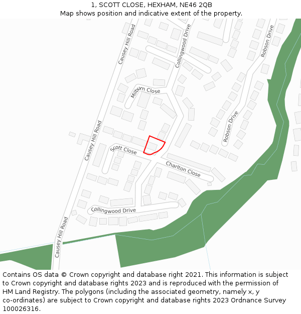 1, SCOTT CLOSE, HEXHAM, NE46 2QB: Location map and indicative extent of plot