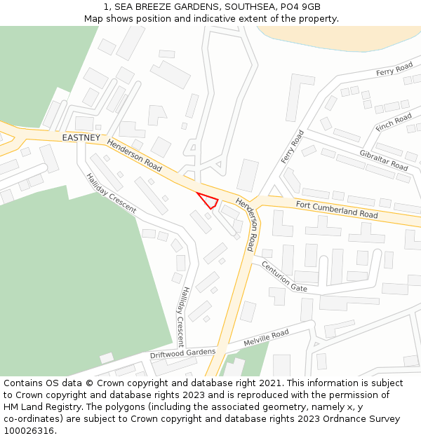 1, SEA BREEZE GARDENS, SOUTHSEA, PO4 9GB: Location map and indicative extent of plot