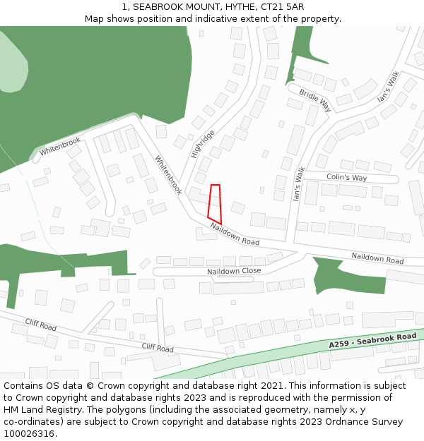 1, SEABROOK MOUNT, HYTHE, CT21 5AR: Location map and indicative extent of plot