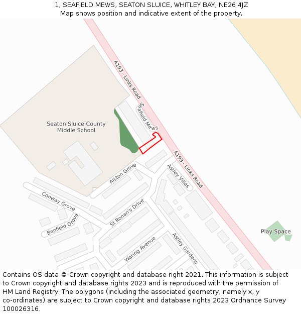 1, SEAFIELD MEWS, SEATON SLUICE, WHITLEY BAY, NE26 4JZ: Location map and indicative extent of plot