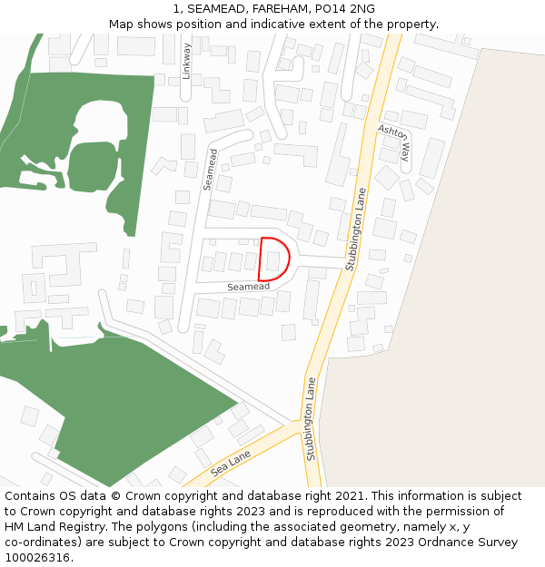 1, SEAMEAD, FAREHAM, PO14 2NG: Location map and indicative extent of plot