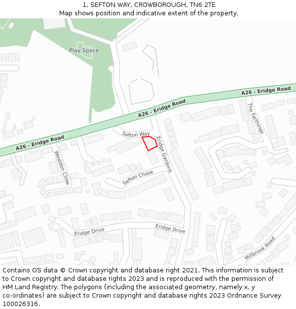 1, SEFTON WAY, CROWBOROUGH, TN6 2TE: Location map and indicative extent of plot