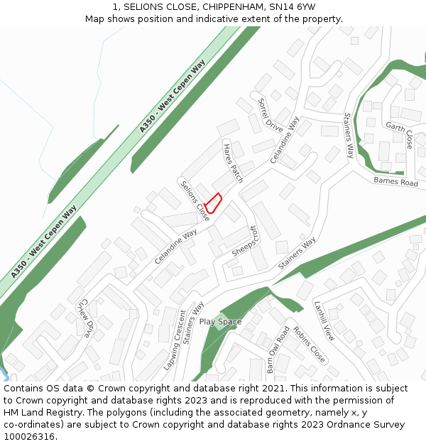 1, SELIONS CLOSE, CHIPPENHAM, SN14 6YW: Location map and indicative extent of plot