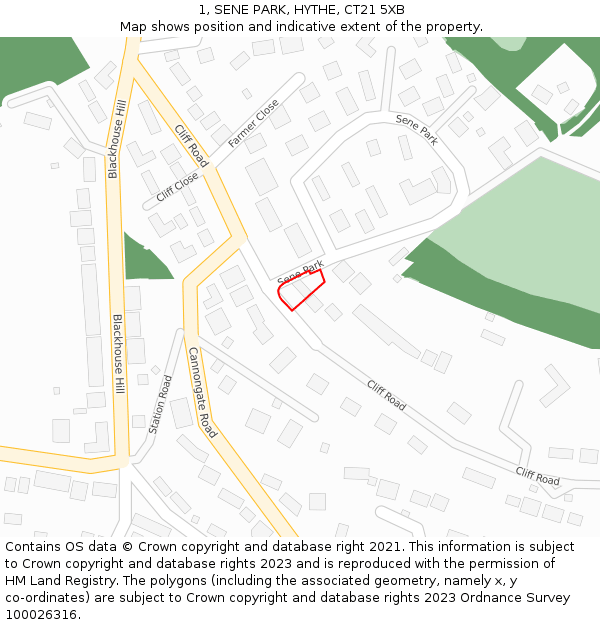 1, SENE PARK, HYTHE, CT21 5XB: Location map and indicative extent of plot