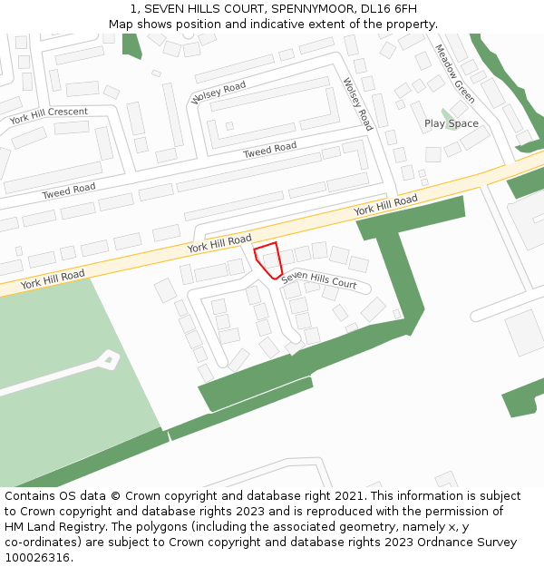 1, SEVEN HILLS COURT, SPENNYMOOR, DL16 6FH: Location map and indicative extent of plot