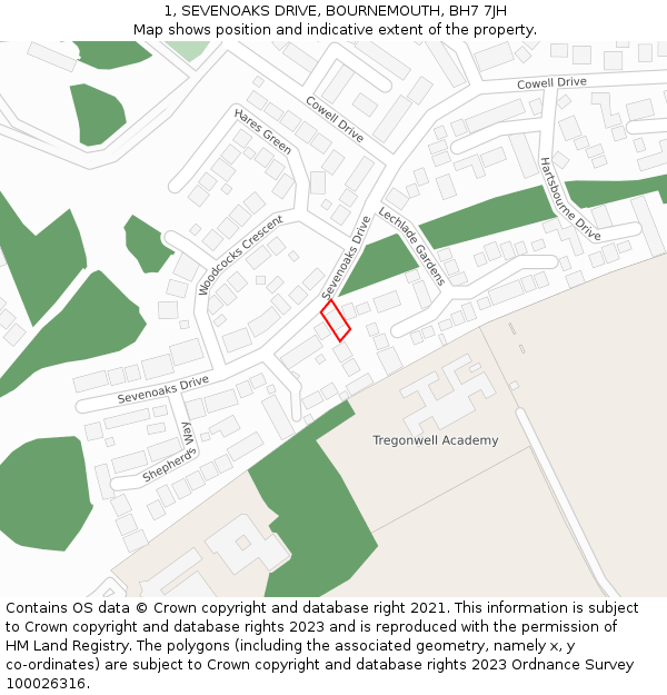 1, SEVENOAKS DRIVE, BOURNEMOUTH, BH7 7JH: Location map and indicative extent of plot