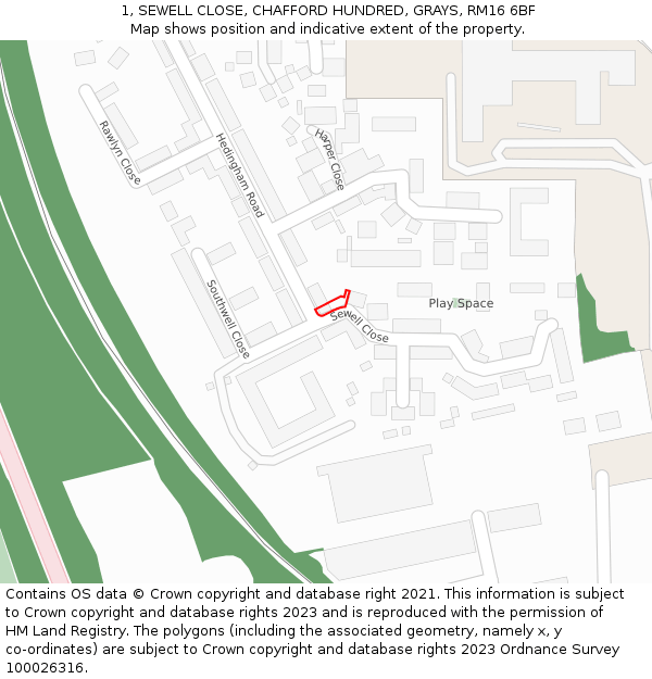 1, SEWELL CLOSE, CHAFFORD HUNDRED, GRAYS, RM16 6BF: Location map and indicative extent of plot