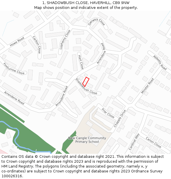 1, SHADOWBUSH CLOSE, HAVERHILL, CB9 9NW: Location map and indicative extent of plot