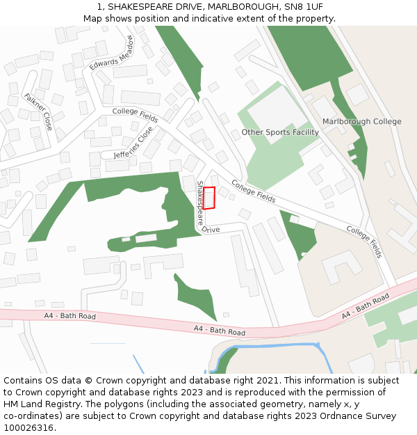 1, SHAKESPEARE DRIVE, MARLBOROUGH, SN8 1UF: Location map and indicative extent of plot