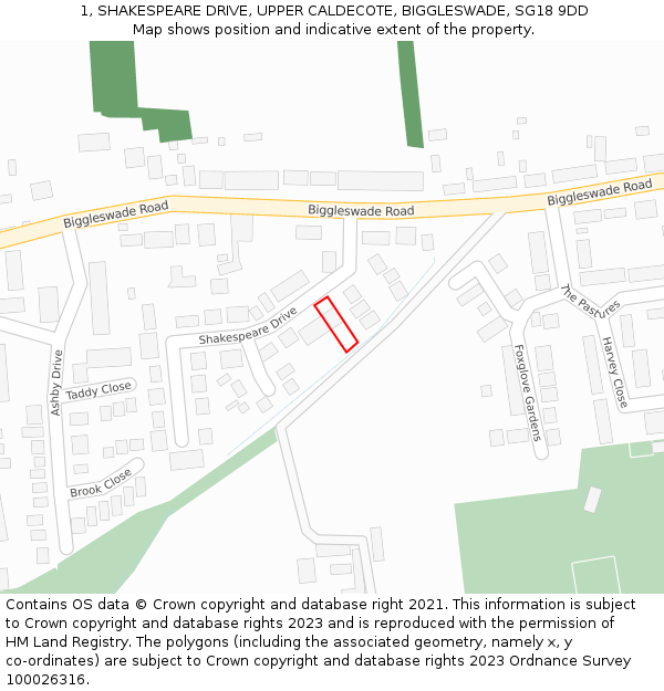 1, SHAKESPEARE DRIVE, UPPER CALDECOTE, BIGGLESWADE, SG18 9DD: Location map and indicative extent of plot