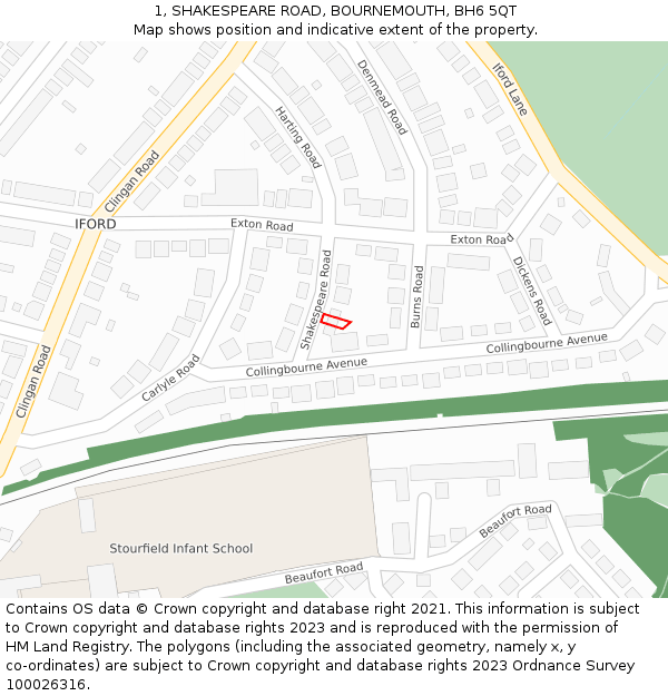 1, SHAKESPEARE ROAD, BOURNEMOUTH, BH6 5QT: Location map and indicative extent of plot
