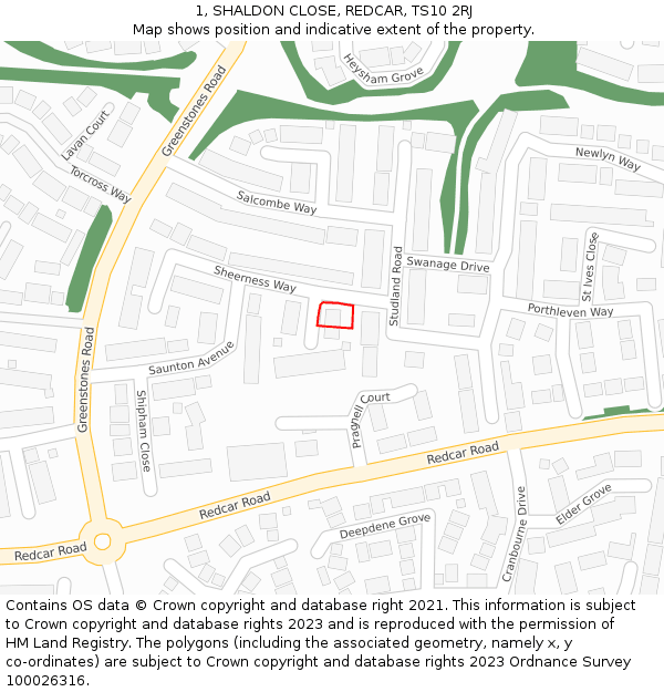 1, SHALDON CLOSE, REDCAR, TS10 2RJ: Location map and indicative extent of plot