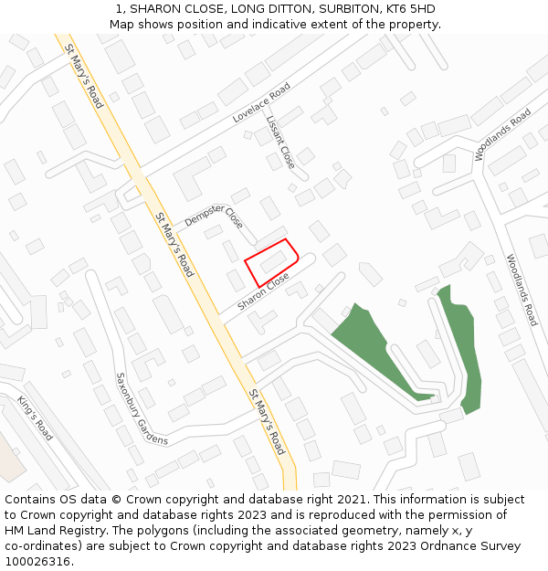 1, SHARON CLOSE, LONG DITTON, SURBITON, KT6 5HD: Location map and indicative extent of plot