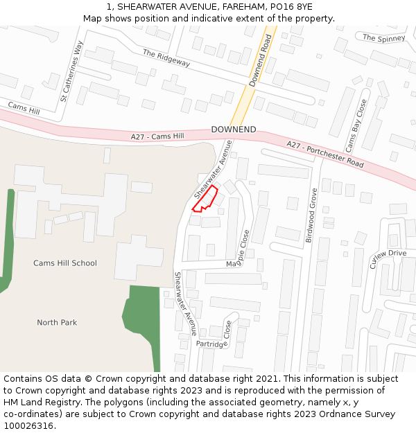 1, SHEARWATER AVENUE, FAREHAM, PO16 8YE: Location map and indicative extent of plot