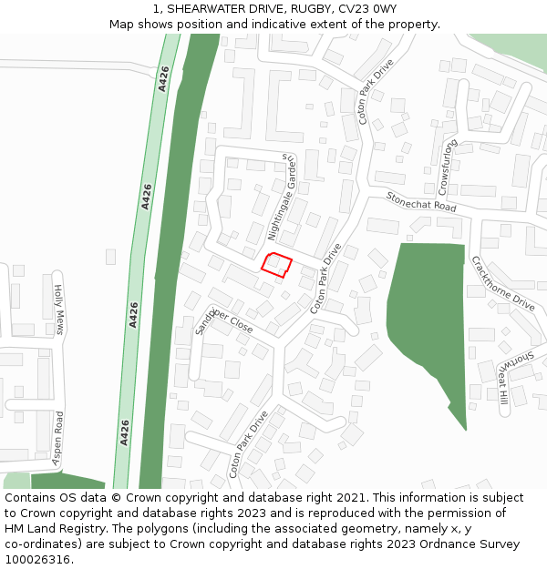 1, SHEARWATER DRIVE, RUGBY, CV23 0WY: Location map and indicative extent of plot