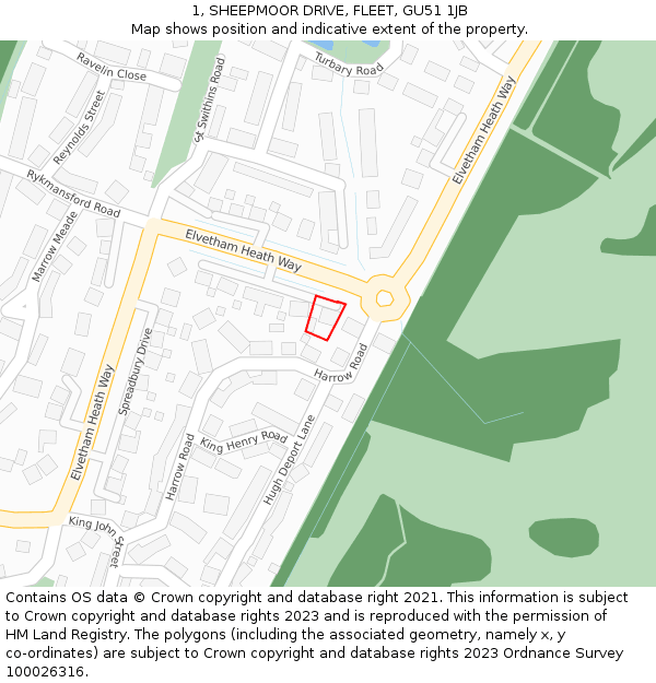 1, SHEEPMOOR DRIVE, FLEET, GU51 1JB: Location map and indicative extent of plot