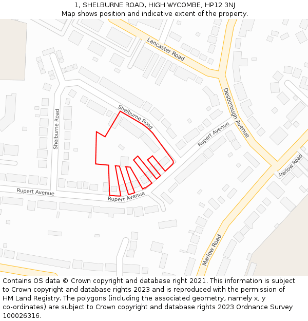 1, SHELBURNE ROAD, HIGH WYCOMBE, HP12 3NJ: Location map and indicative extent of plot