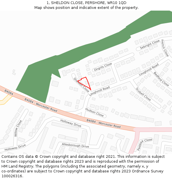 1, SHELDON CLOSE, PERSHORE, WR10 1QD: Location map and indicative extent of plot