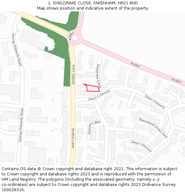 1, SHELDRAKE CLOSE, FAKENHAM, NR21 8ND: Location map and indicative extent of plot
