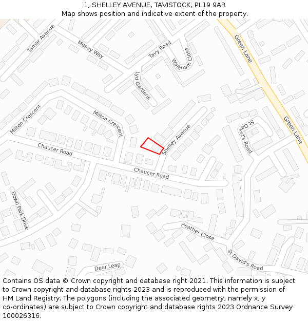 1, SHELLEY AVENUE, TAVISTOCK, PL19 9AR: Location map and indicative extent of plot