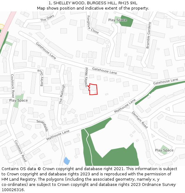 1, SHELLEY WOOD, BURGESS HILL, RH15 9XL: Location map and indicative extent of plot