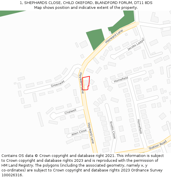 1, SHEPHARDS CLOSE, CHILD OKEFORD, BLANDFORD FORUM, DT11 8DS: Location map and indicative extent of plot