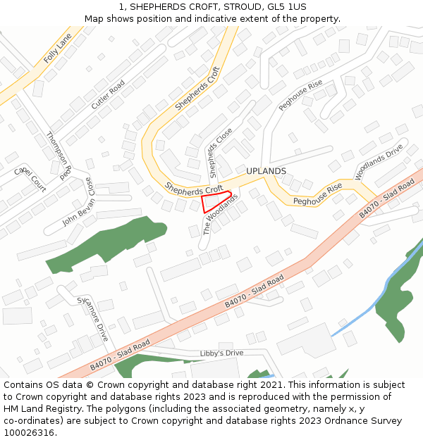 1, SHEPHERDS CROFT, STROUD, GL5 1US: Location map and indicative extent of plot