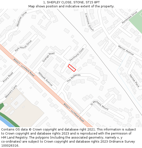 1, SHEPLEY CLOSE, STONE, ST15 8PT: Location map and indicative extent of plot