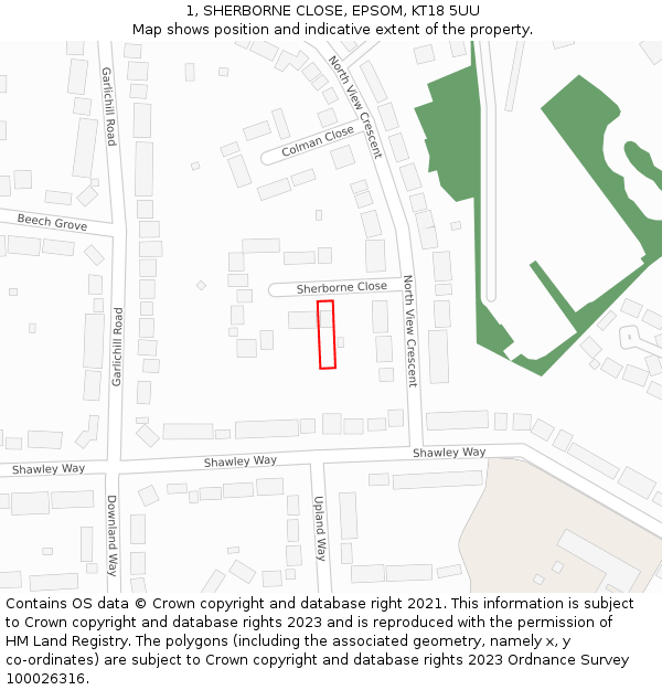 1, SHERBORNE CLOSE, EPSOM, KT18 5UU: Location map and indicative extent of plot