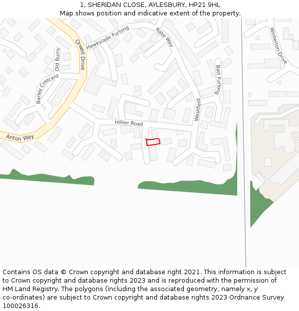 1, SHERIDAN CLOSE, AYLESBURY, HP21 9HL: Location map and indicative extent of plot