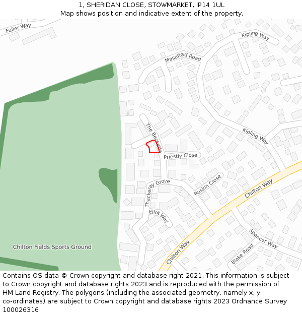 1, SHERIDAN CLOSE, STOWMARKET, IP14 1UL: Location map and indicative extent of plot