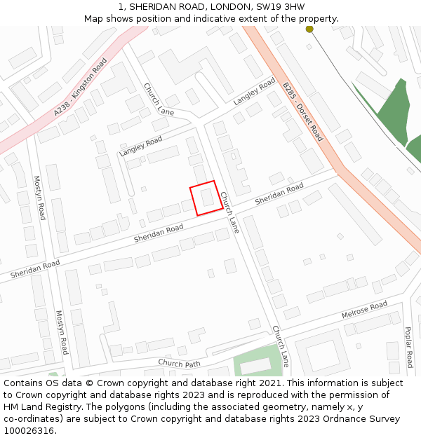 1, SHERIDAN ROAD, LONDON, SW19 3HW: Location map and indicative extent of plot