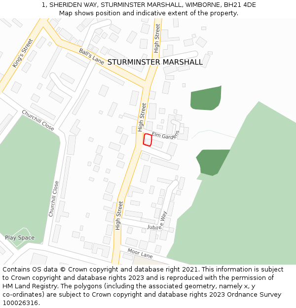 1, SHERIDEN WAY, STURMINSTER MARSHALL, WIMBORNE, BH21 4DE: Location map and indicative extent of plot