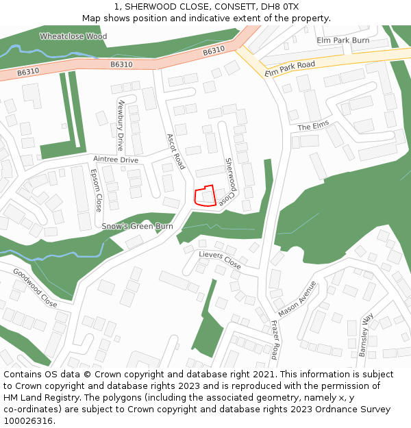 1, SHERWOOD CLOSE, CONSETT, DH8 0TX: Location map and indicative extent of plot