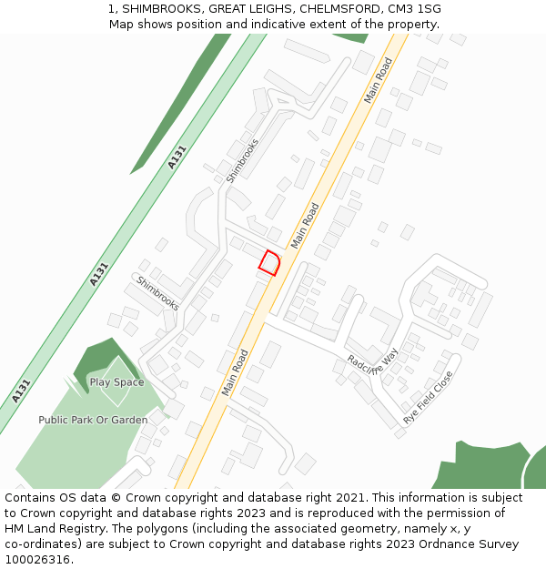 1, SHIMBROOKS, GREAT LEIGHS, CHELMSFORD, CM3 1SG: Location map and indicative extent of plot