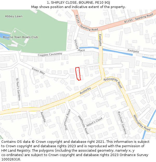 1, SHIPLEY CLOSE, BOURNE, PE10 9GJ: Location map and indicative extent of plot