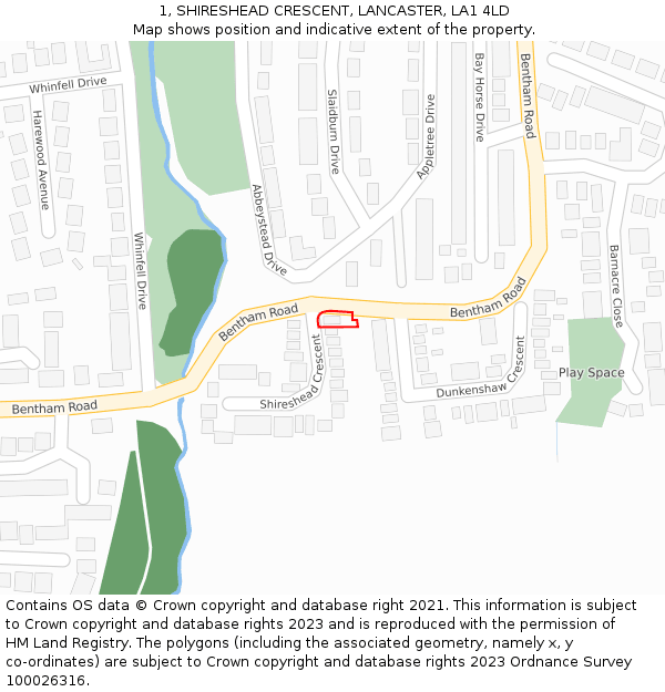 1, SHIRESHEAD CRESCENT, LANCASTER, LA1 4LD: Location map and indicative extent of plot
